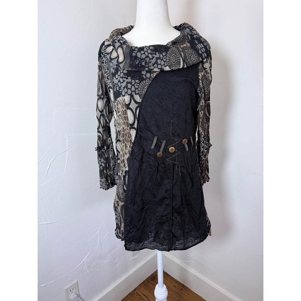 Zoe Mixed Media Tunic Top Paisley Mesh Cowl Neck Black Boho Patchwork Medium
